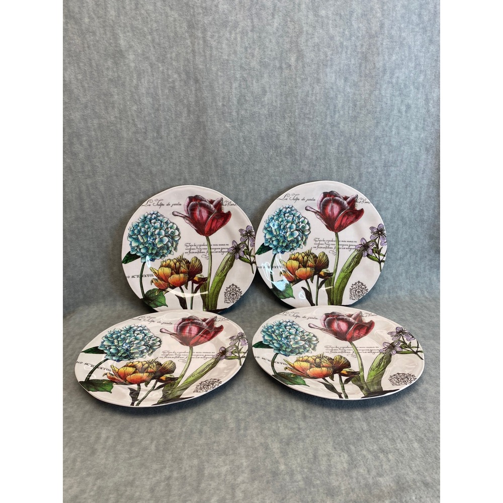 Set of 4 208 Park Botanical Floral Dinner Plates Tulips Melamine French Garden‎